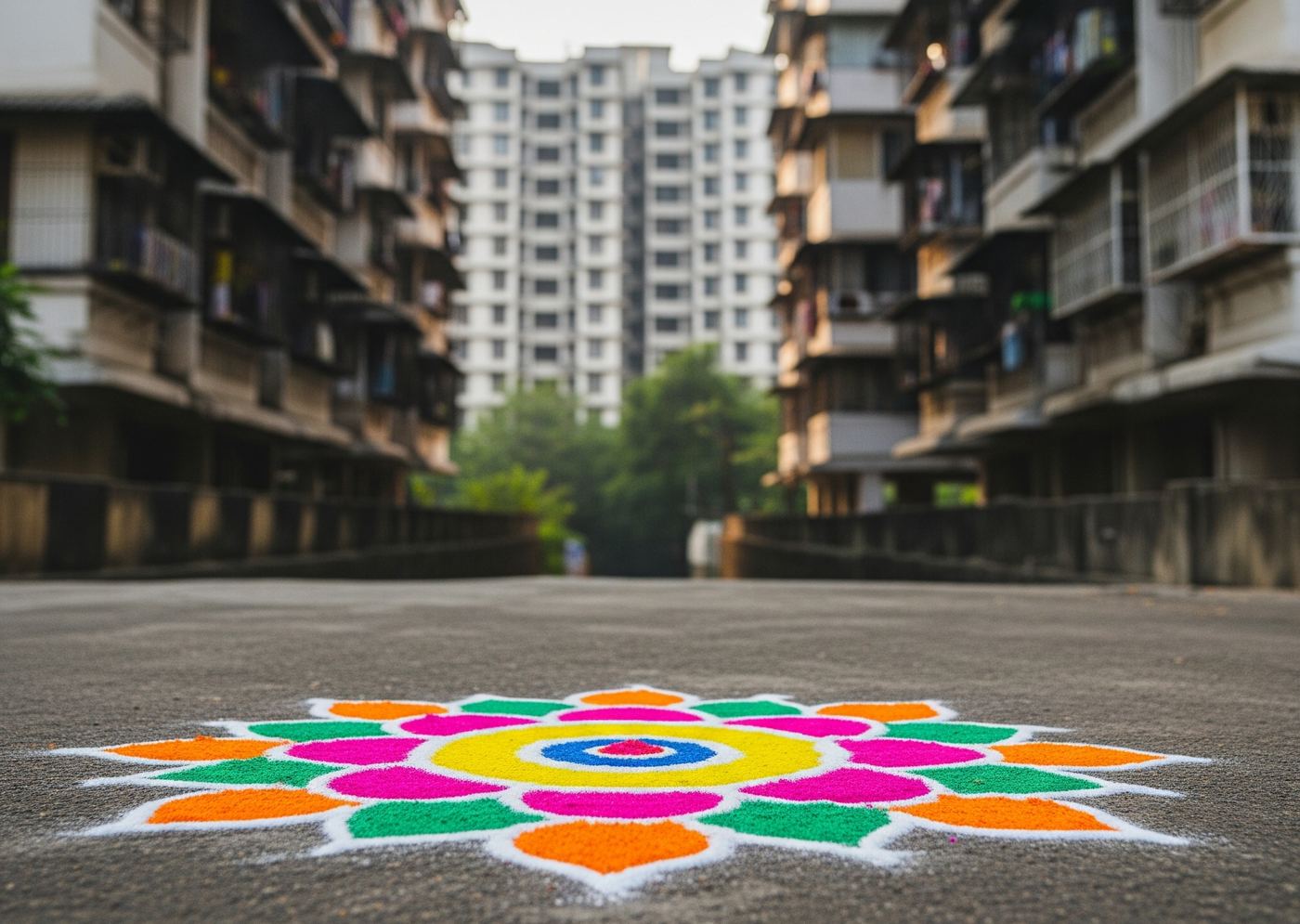 A large rangoli design in a residential Mumbai courtyard