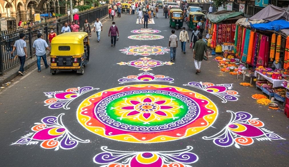 Row of rangoli designs down a Mumbai street near CST