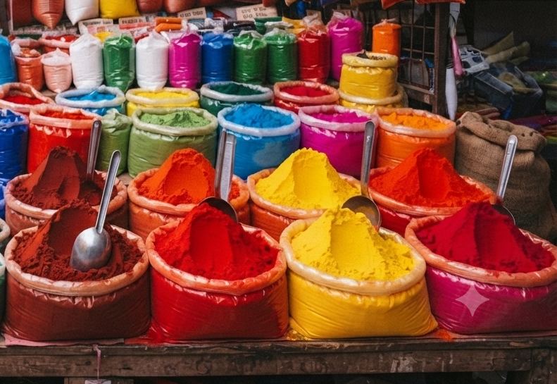 Sacks of vivid rangoli powder colours